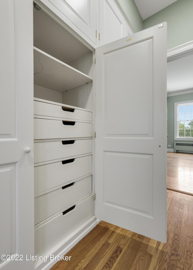 closet featuring radiator heating unit