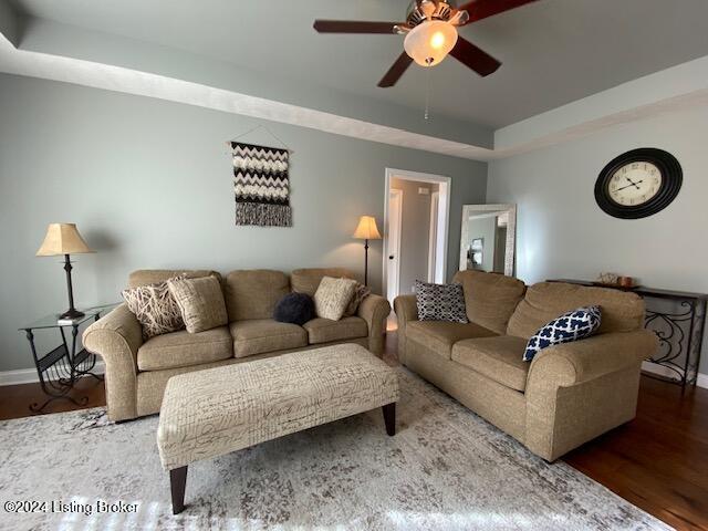 living room featuring a raised ceiling, ceiling fan, and hardwood / wood-style floors