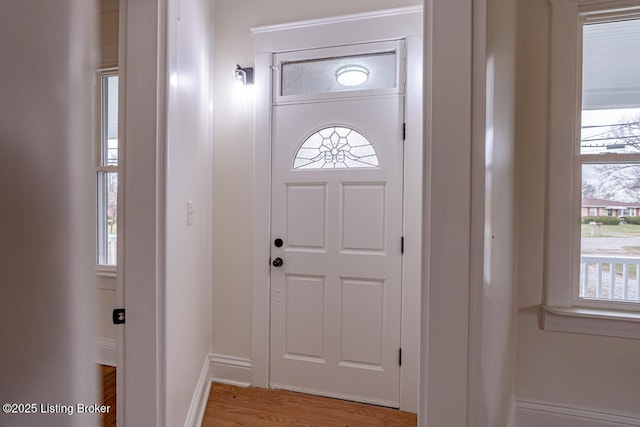 entrance foyer with plenty of natural light and light hardwood / wood-style flooring