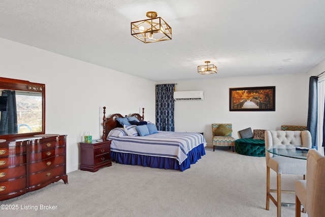 carpeted bedroom featuring an AC wall unit and a textured ceiling