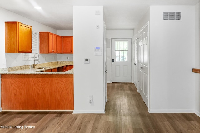 kitchen featuring light stone counters, dark wood-type flooring, and sink