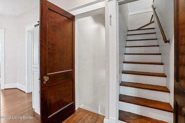 staircase with wood-type flooring