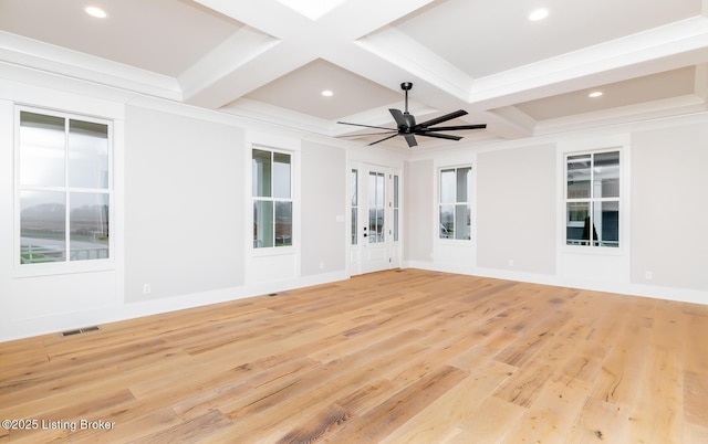 unfurnished living room with beam ceiling, light hardwood / wood-style flooring, ceiling fan, and coffered ceiling