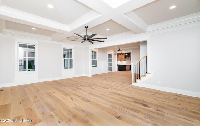 unfurnished living room featuring beam ceiling, ceiling fan, coffered ceiling, and light wood-type flooring