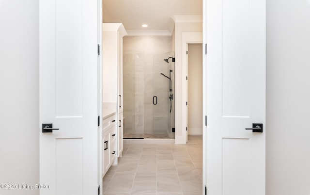 bathroom with tile patterned floors and a shower with shower door