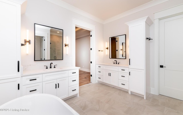 bathroom with vanity, crown molding, and plus walk in shower