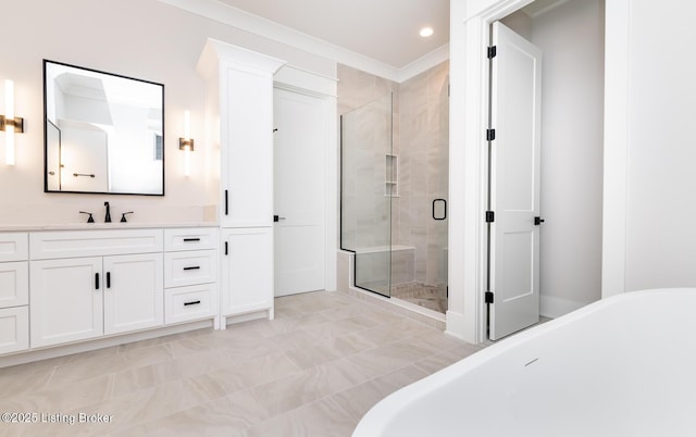 bathroom featuring vanity, crown molding, and plus walk in shower