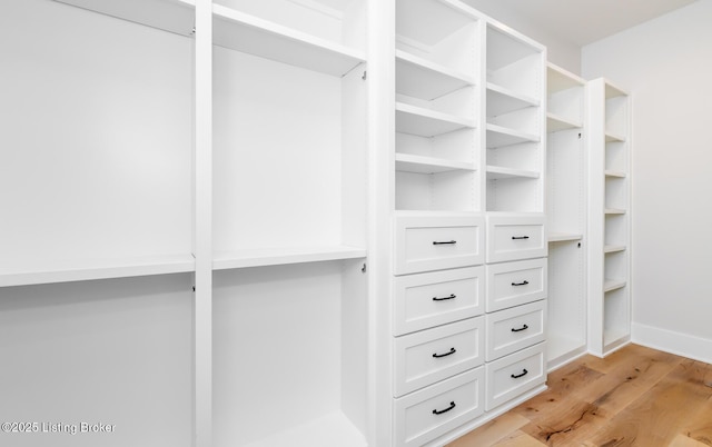 walk in closet with light wood-type flooring