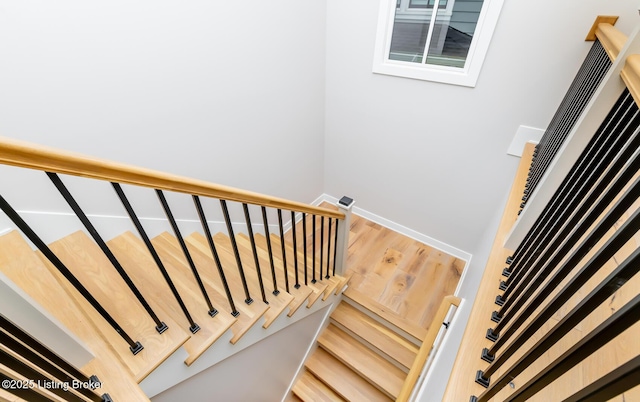 staircase with hardwood / wood-style flooring