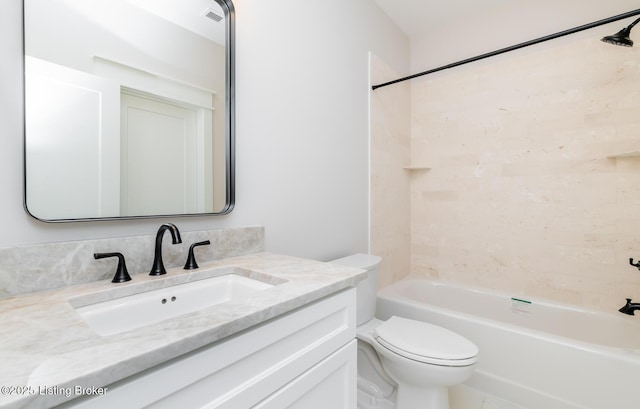 full bathroom with bathing tub / shower combination, vanity, and toilet