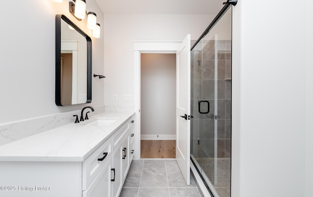 bathroom with a shower with door and vanity