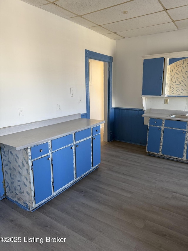 kitchen with blue cabinets, dark hardwood / wood-style floors, sink, and a drop ceiling