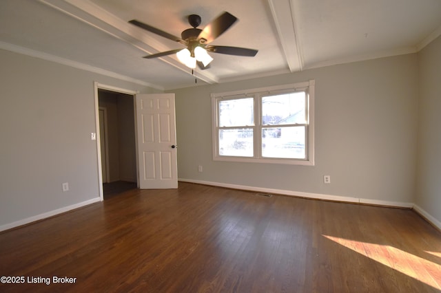 unfurnished room featuring ceiling fan, beam ceiling, dark hardwood / wood-style flooring, and ornamental molding