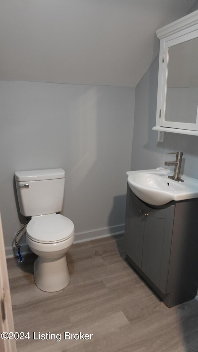 bathroom featuring toilet, vanity, and hardwood / wood-style flooring