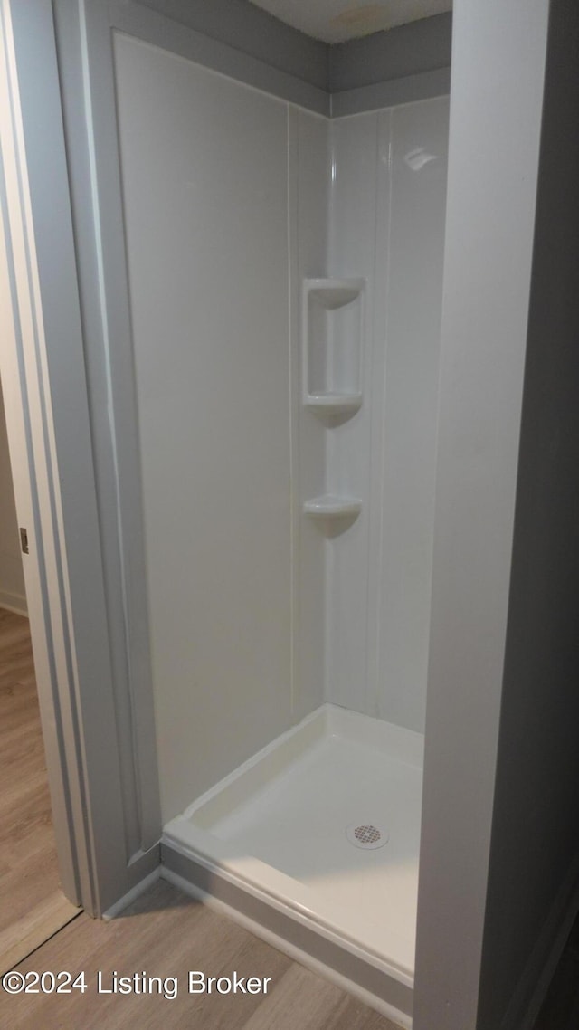 bathroom with a shower and wood-type flooring