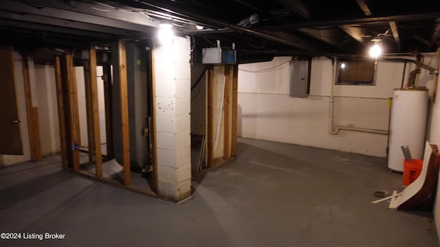 basement with electric panel and water heater