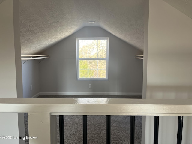 interior space with a textured ceiling and vaulted ceiling