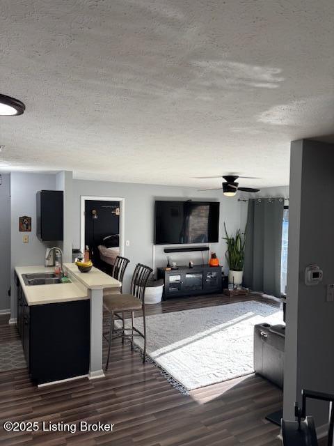 living room featuring a textured ceiling, ceiling fan, dark wood-type flooring, and sink