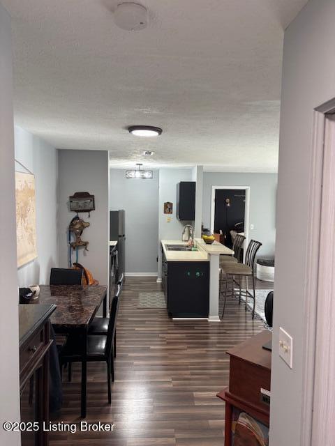 kitchen featuring kitchen peninsula, dark wood-type flooring, and sink