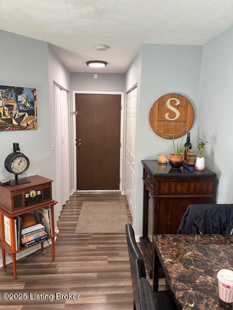 interior space featuring a textured ceiling and dark hardwood / wood-style floors