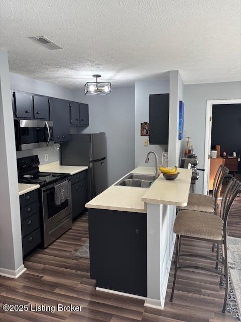 kitchen featuring sink, dark wood-type flooring, stainless steel appliances, a chandelier, and a textured ceiling