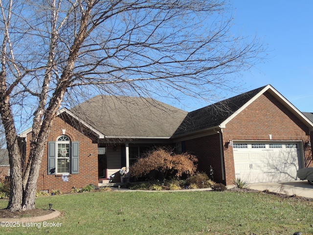 single story home featuring a garage and a front lawn