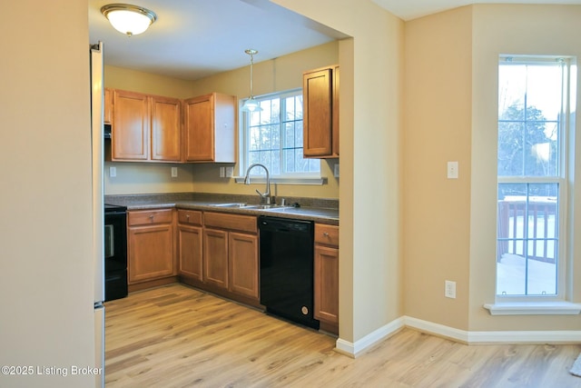 kitchen featuring hanging light fixtures, light wood-type flooring, a wealth of natural light, sink, and black dishwasher