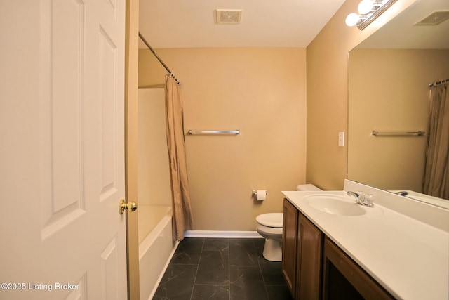 full bathroom with toilet, shower / tub combo with curtain, and vanity