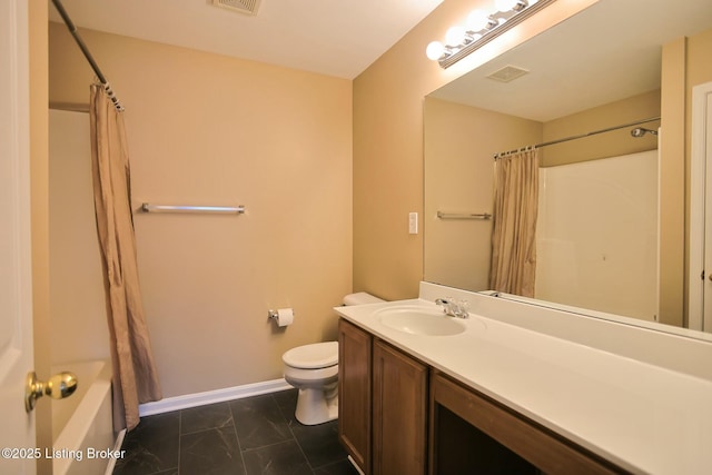 full bathroom with toilet, vanity, and shower / bathtub combination with curtain