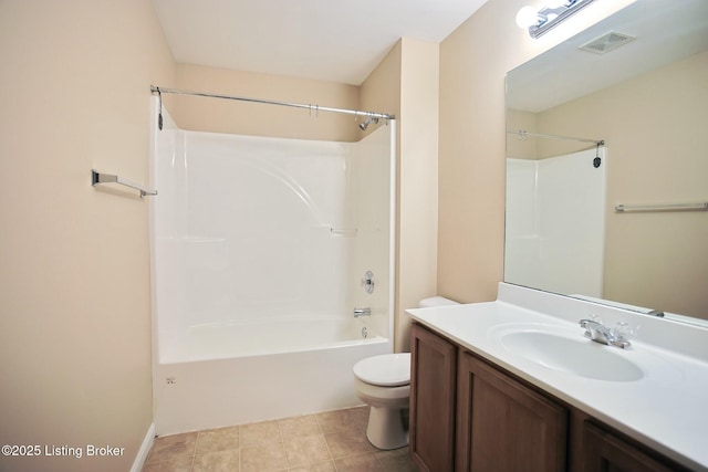 full bathroom featuring shower / tub combination, tile patterned floors, vanity, and toilet