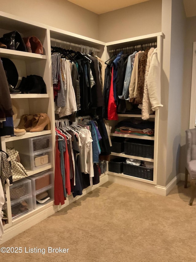 walk in closet featuring light colored carpet