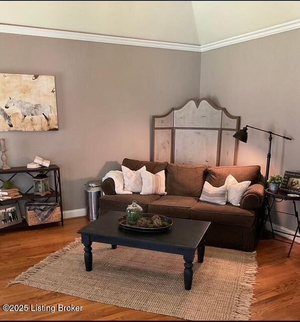 living room featuring vaulted ceiling, crown molding, and wood-type flooring