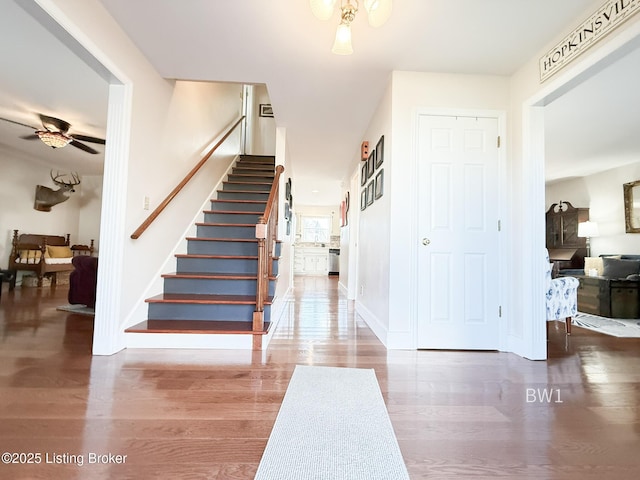 entryway with ceiling fan and wood-type flooring