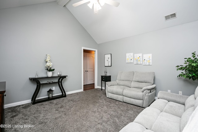 carpeted living room featuring ceiling fan, high vaulted ceiling, and beamed ceiling