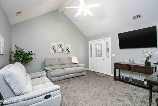 carpeted living room with beam ceiling, high vaulted ceiling, and ceiling fan