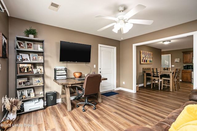 office featuring ceiling fan and wood-type flooring