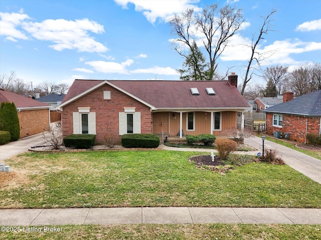 single story home with a front lawn, fence, roof with shingles, brick siding, and a chimney