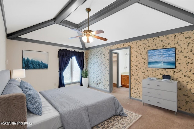 bedroom with wallpapered walls, vaulted ceiling with beams, baseboards, and light carpet