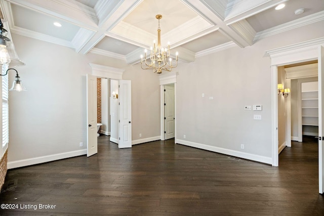 interior space with beam ceiling, an inviting chandelier, ornamental molding, and coffered ceiling