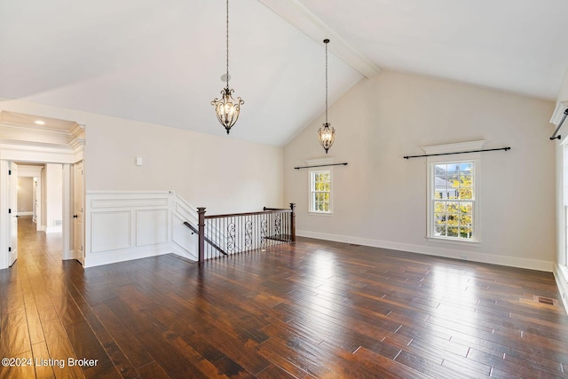 unfurnished living room featuring beam ceiling, high vaulted ceiling, an inviting chandelier, and dark wood-type flooring