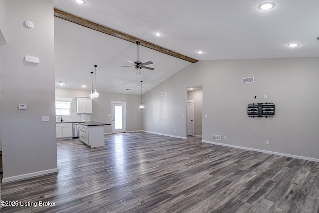 unfurnished living room featuring sink, lofted ceiling with beams, ceiling fan, and dark wood-type flooring