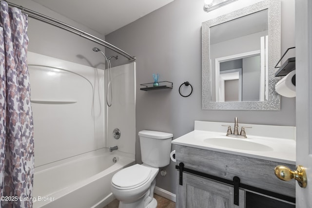 full bathroom with vanity, shower / bath combination with curtain, and toilet