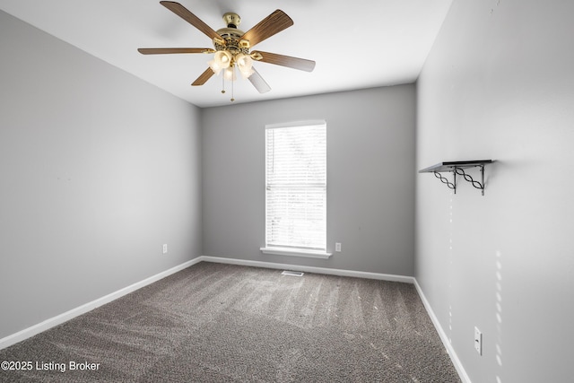 empty room featuring carpet floors and ceiling fan