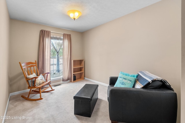 sitting room with a textured ceiling and carpet