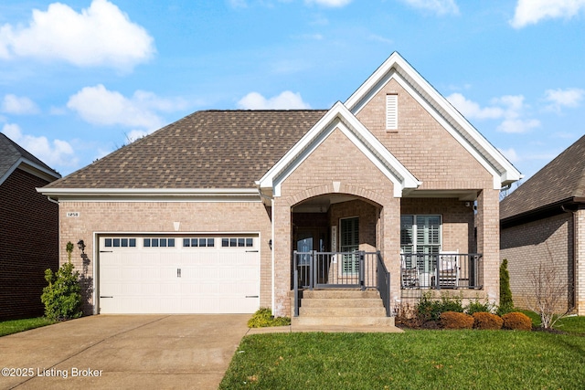 view of front facade with covered porch, a garage, and a front lawn