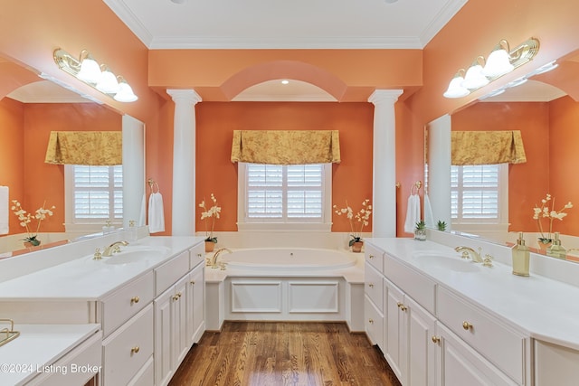 bathroom with hardwood / wood-style flooring, a washtub, a healthy amount of sunlight, and vanity