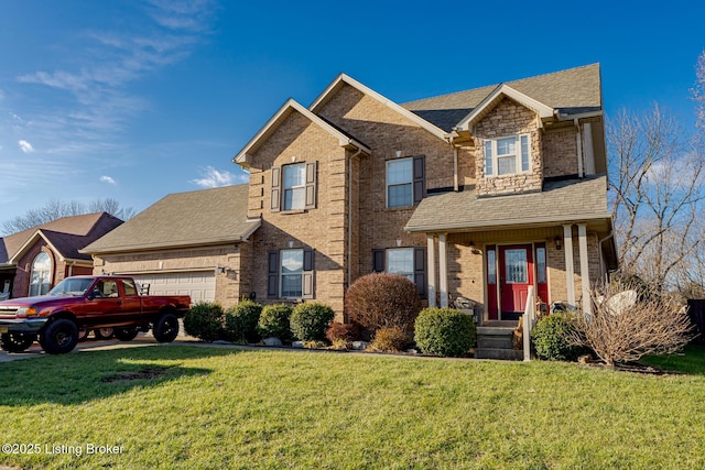 front facade featuring a garage and a front lawn