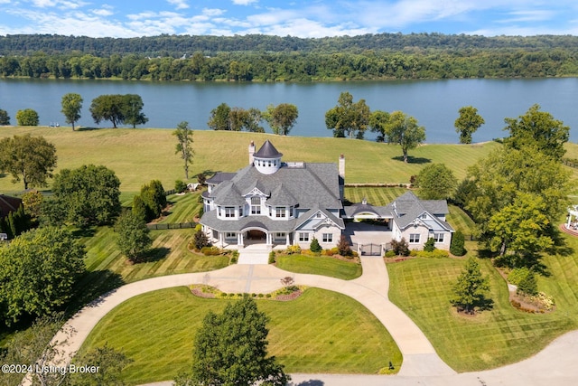 aerial view featuring a water view