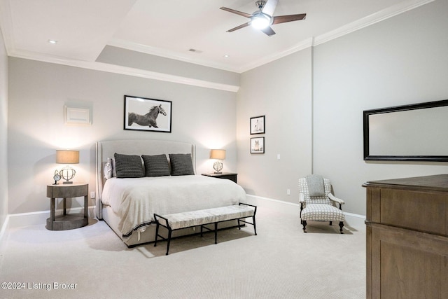 bedroom with carpet flooring, ceiling fan, and ornamental molding