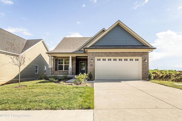 craftsman-style home with a porch, a garage, and a front yard